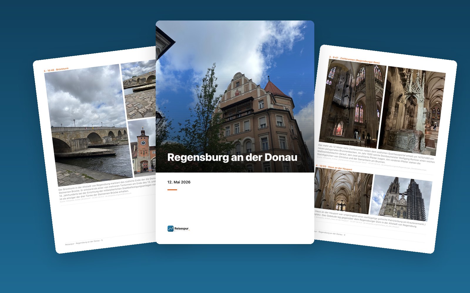 Reisebuch „Regensburg an der Donau“ mit Titelbild und zwei Innenseiten
